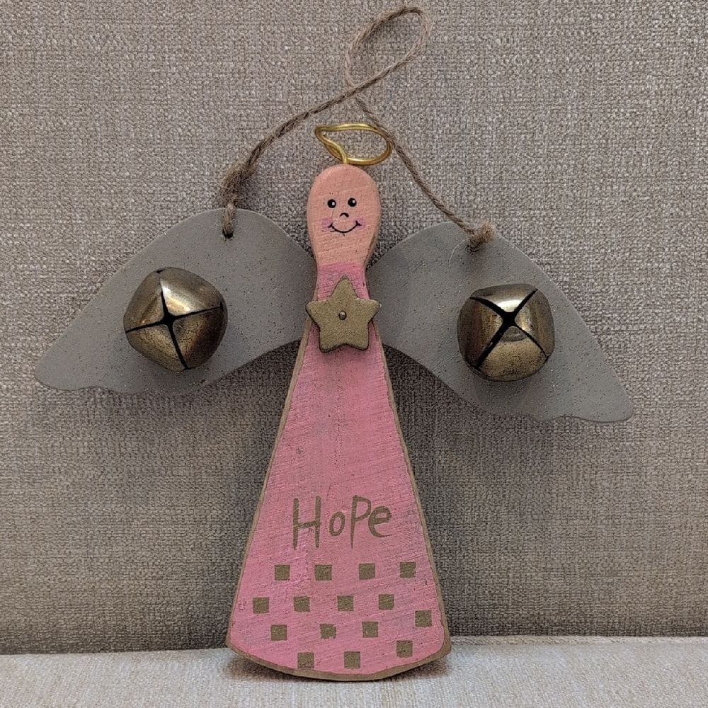 Hand Crafted Wooden Pink Hope Angel Ornament Wall Hanging with Bells